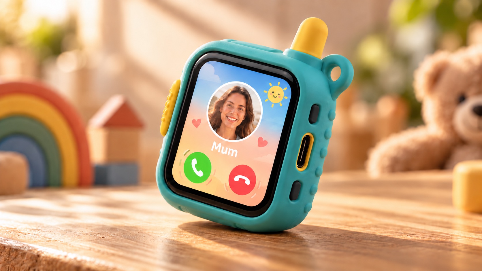 The Dinky phone: a chunky turquoise handset with a yellow antenna and a big yellow side button, showing Mum calling on its little screen.
