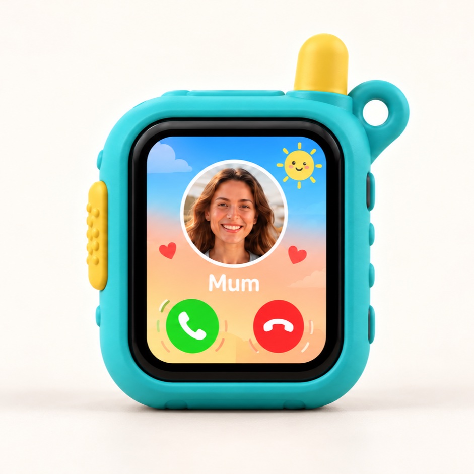 Dinky in Turquoise — a chunky kids' phone with a yellow antenna, showing Mum calling.